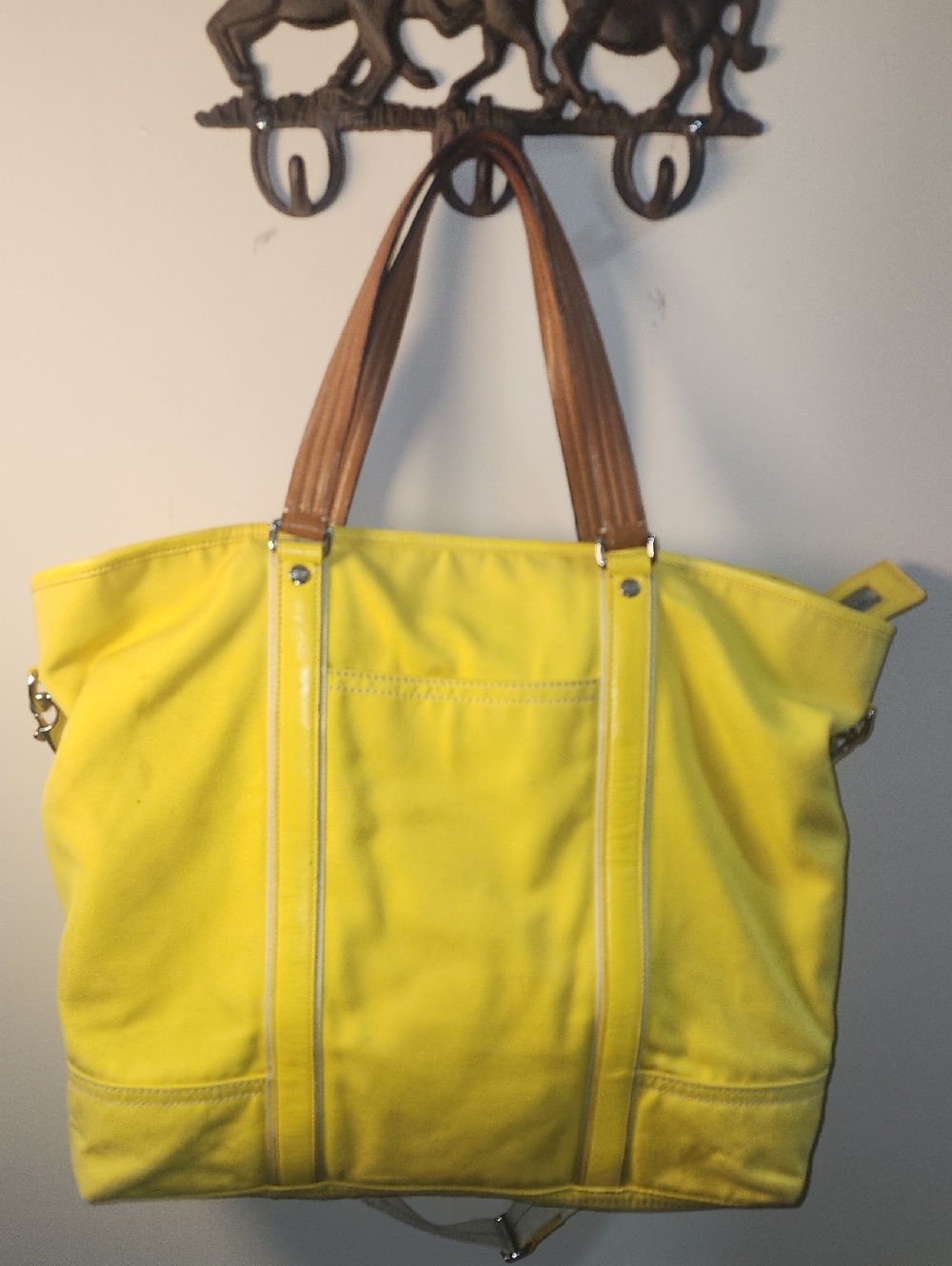 Coach Huge Yellow Canvas Tote Brown Leather Handles Travel Shoulder Strap Silver - Picture 11 of 17